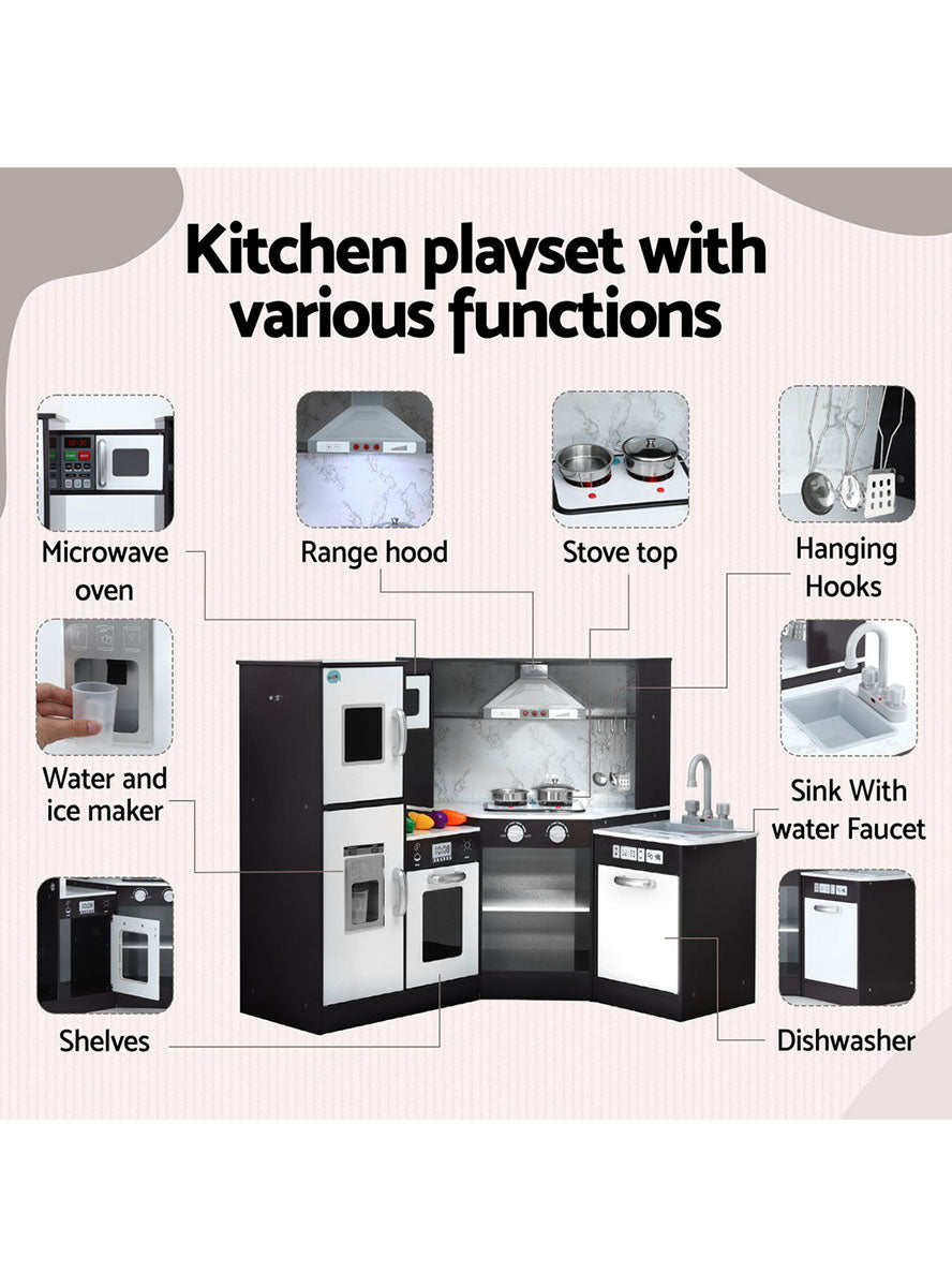 Keezi Kids Black And White Wooden Modern Kitchen Playset With Sounds And Lights - Info Image 1