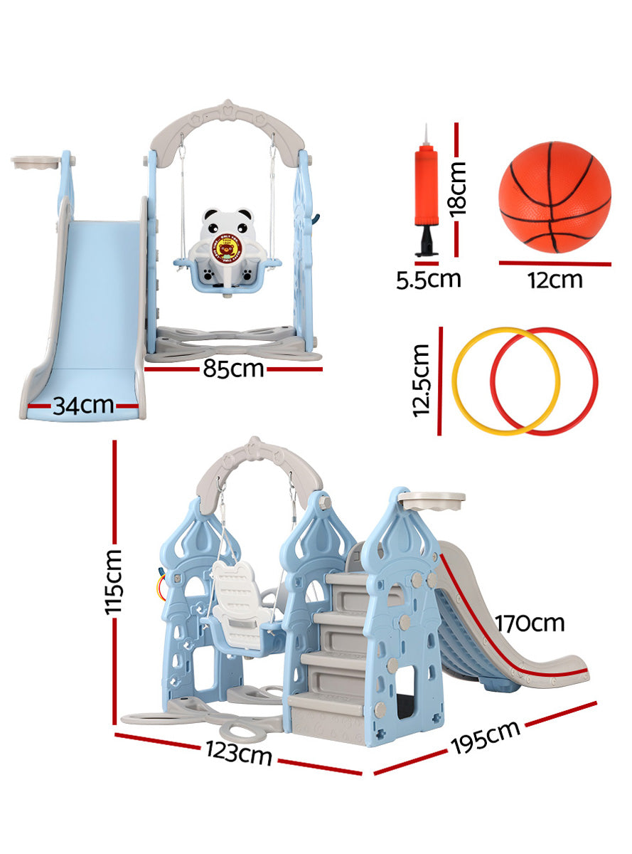 Keezi Kids Blue And Grey Outdoor Playset With Slide Swing And Basketball Hoop - Dimensions Image