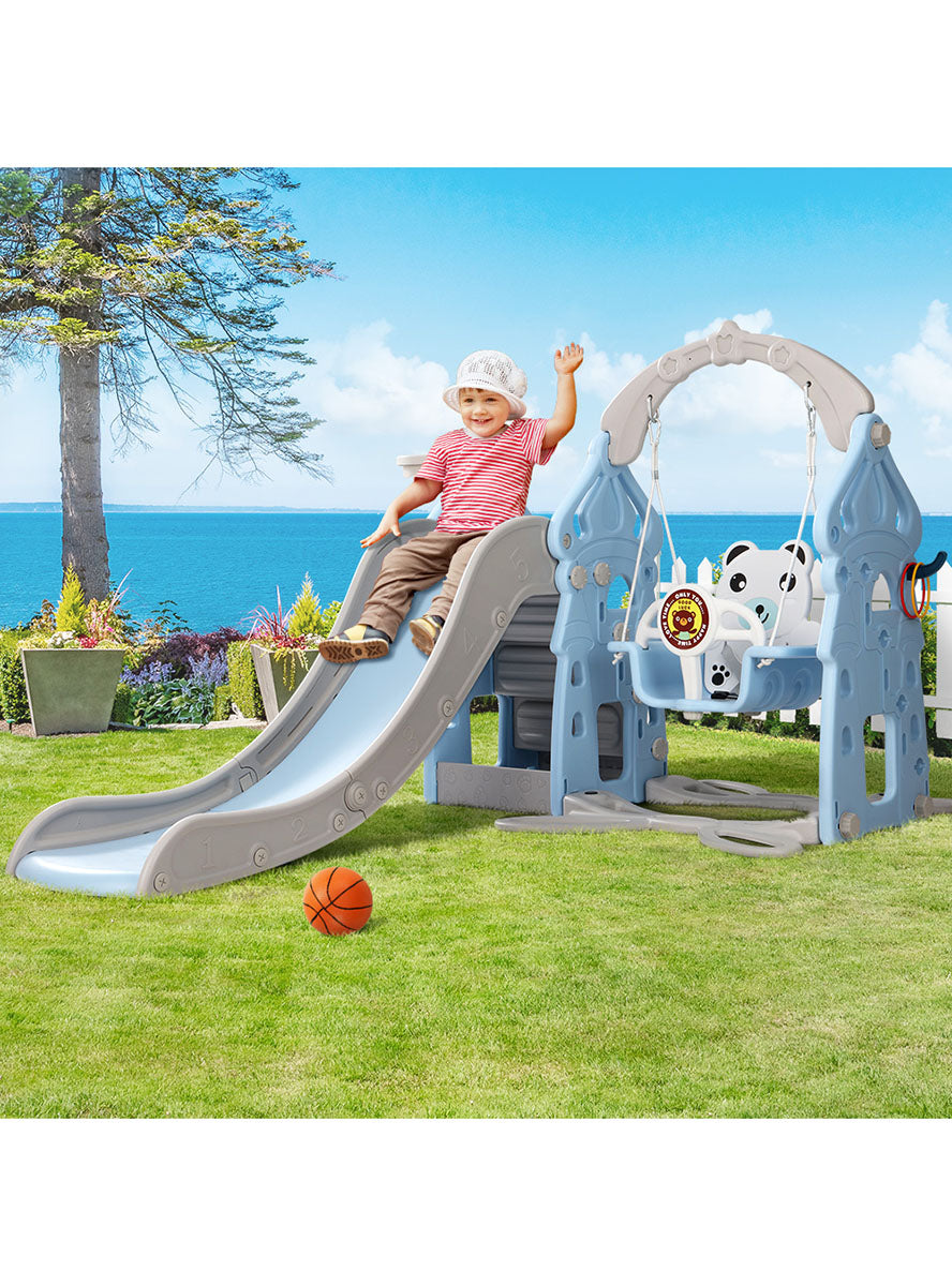 Keezi Kids Blue And Grey Outdoor Playset With Slide Swing And Basketball Hoop - Lifestyle Image