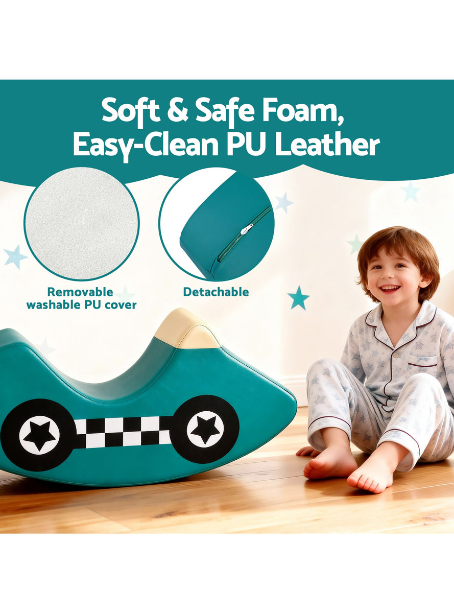 Keezi Kids Blue And White Car Shaped Soft Foam Climbing Block And Rocker - Info Image 3