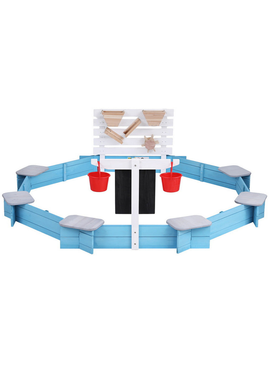 Keezi Kids Blue And White Wooden Outdoor Round Sandpit With Toys And Bench Seats - Alternate Image