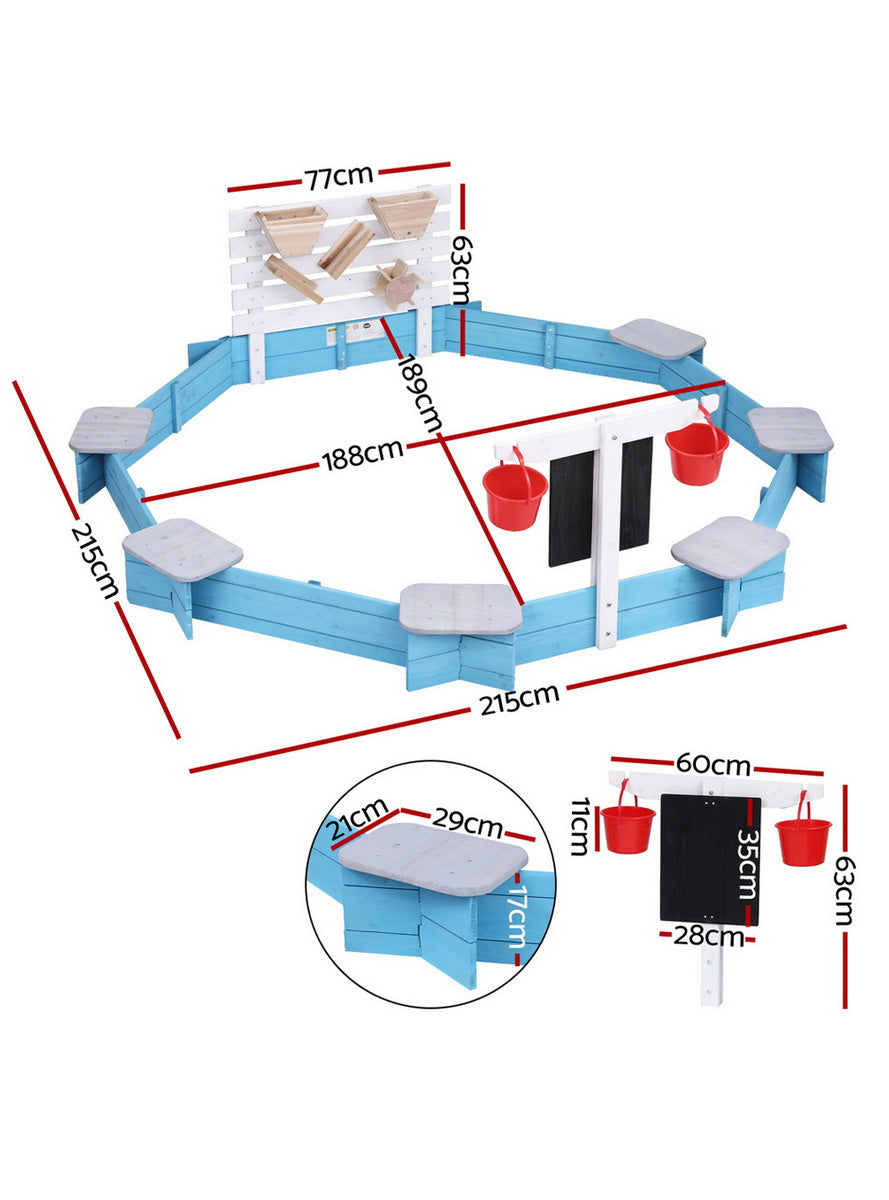Keezi Kids Blue And White Wooden Outdoor Round Sandpit With Toys And Bench Seats - Dimensions Image