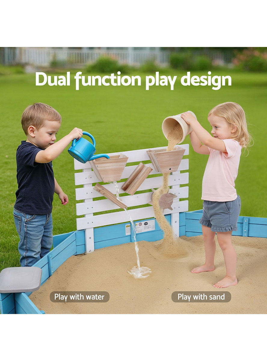 Keezi Kids Blue And White Wooden Outdoor Round Sandpit With Toys And Bench Seats - Info Image 3