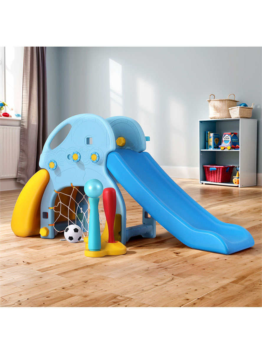 Keezi Kids Blue And Yellow Plastic Slide With Soccer Net And Basketball Hoop - Lifestyle Image
