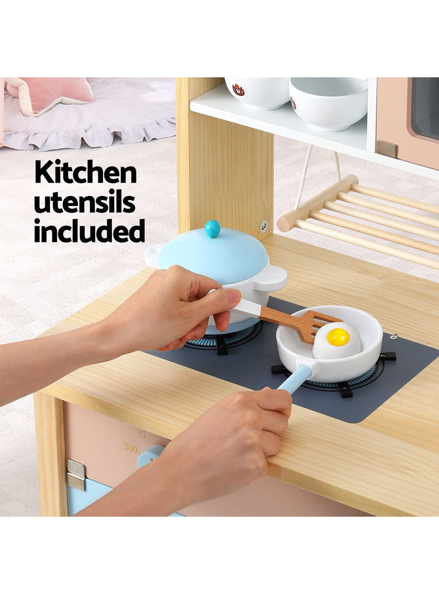 Keezi Kids Blue Wooden Kitchen Playset With Sink And Microwave - Info Image 1