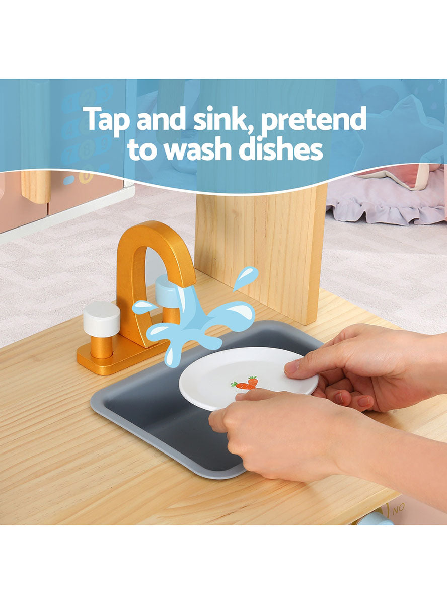 Keezi Kids Blue Wooden Kitchen Playset With Sink And Microwave - Info Image 2