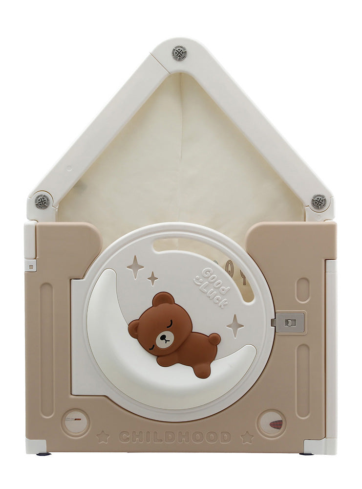 Keezi Kids Brown And White Indoor Plastic Tent Castle Playhouse With Floor Mat And Bear - Front Image