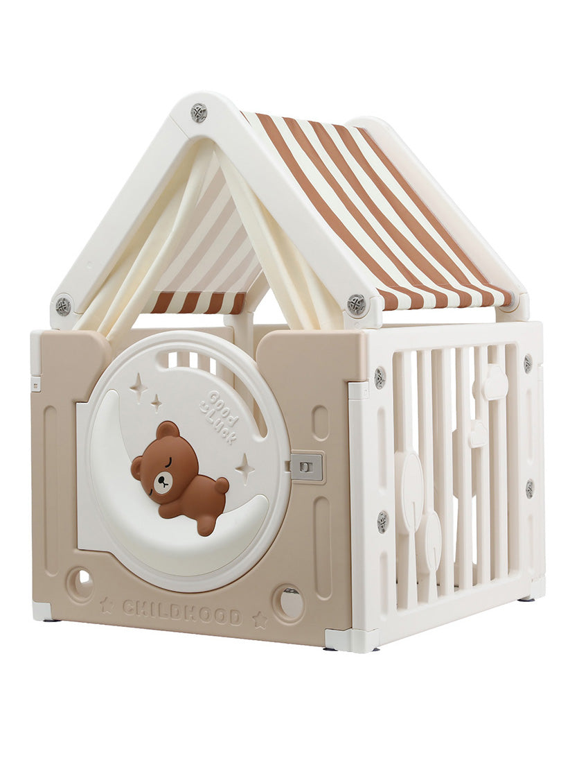 Keezi Kids Brown And White Indoor Plastic Tent Castle Playhouse With Floor Mat And Bear - Main Image