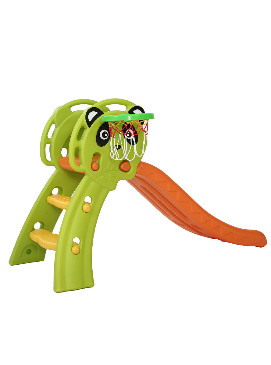 Keezi Kids Green And Orange 100cm Plastic Panda Slide With Basketball Hoop - Side Image