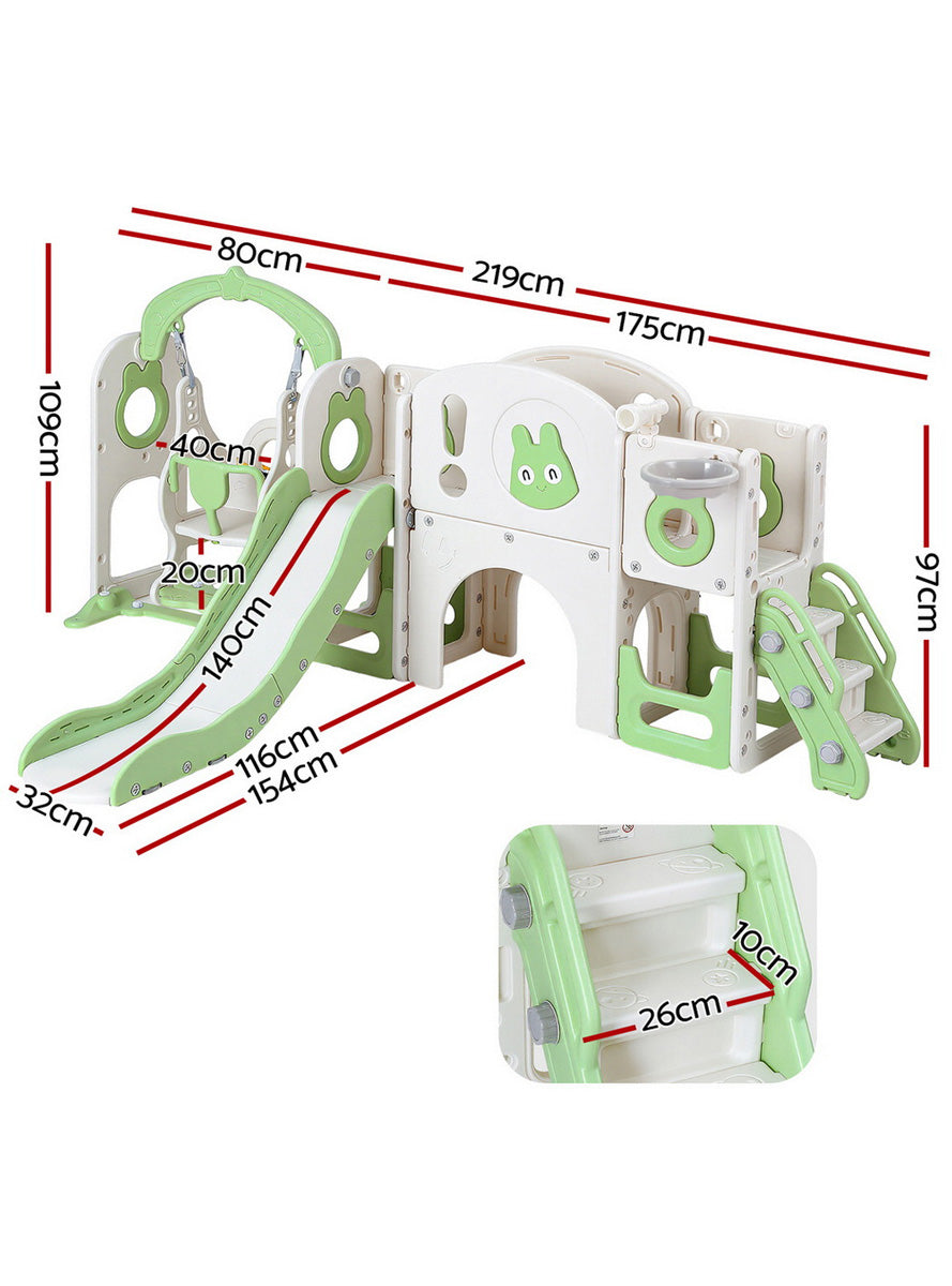 Keezi Kids Green And White 4 In 1 Plastic Outdoor Playset With Swing Slide And Basketball Hoop - Dimensions Image