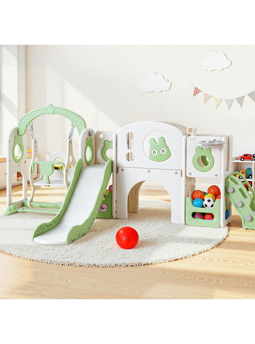Keezi Kids Green And White 4 In 1 Plastic Outdoor Playset With Swing Slide And Basketball Hoop - Lifestyle Image