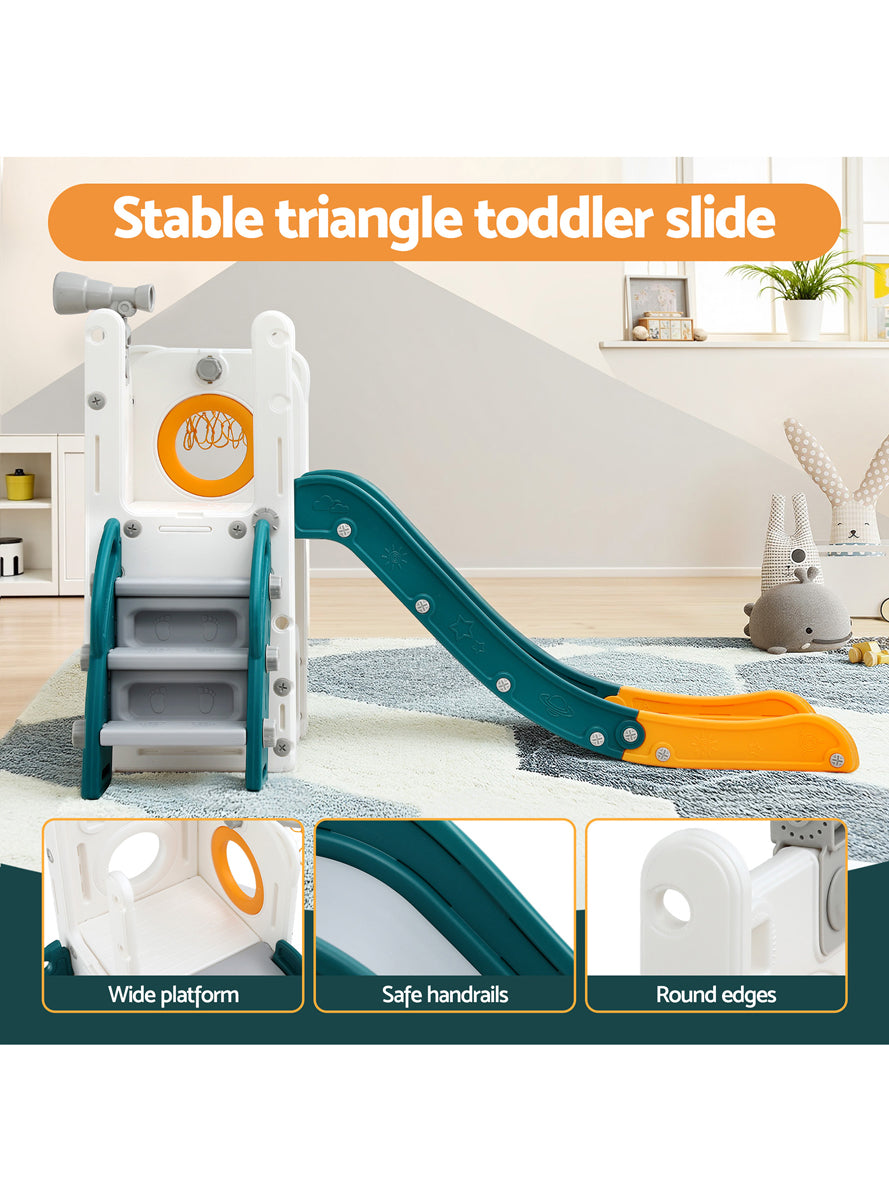 Keezi Kids Green And Yellow Plastic Slide With Basketball Hoop - Info Image 1