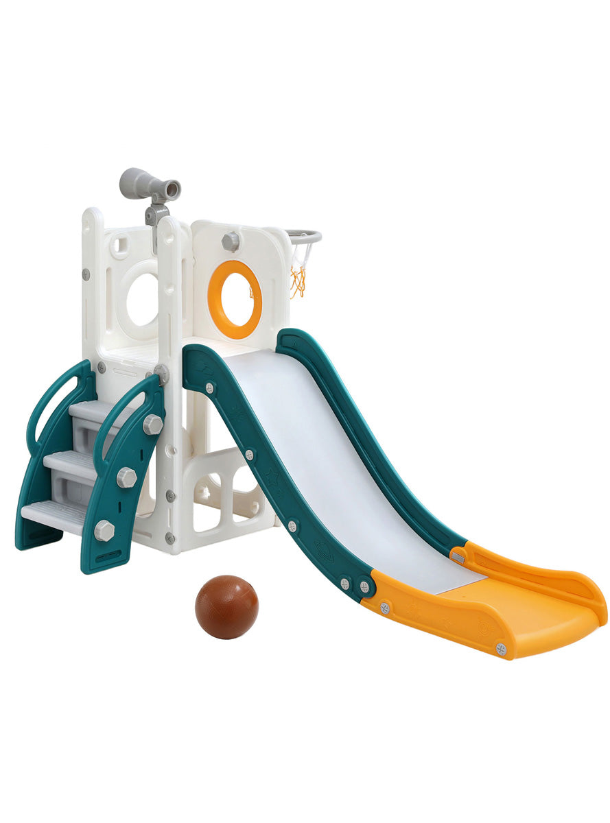 Keezi Kids Green And Yellow Plastic Slide With Basketball Hoop - Main Image