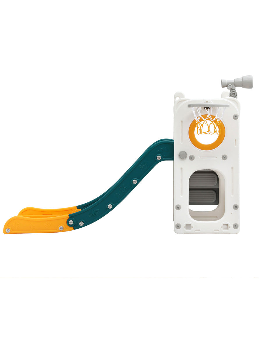 Keezi Kids Green And Yellow Plastic Slide With Basketball Hoop - Side Image