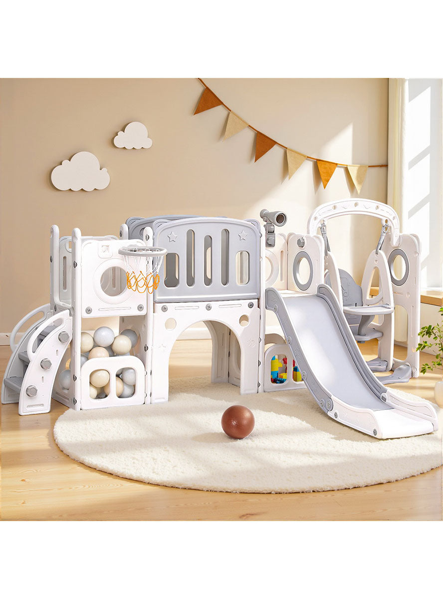 Keezi Kids Grey 4 In 1 Large Outdoor Playset With Slide Swing And Basketball Hoop - Lifestyle Image