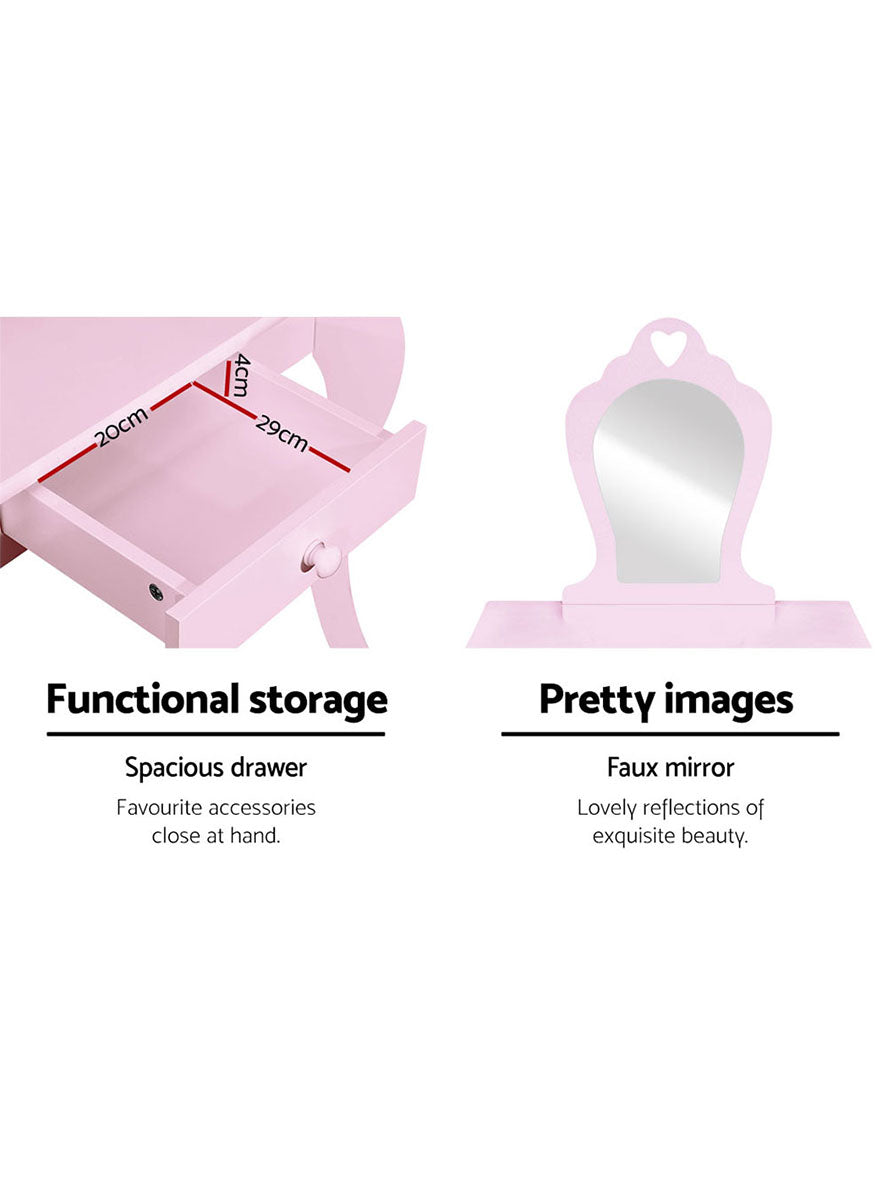 Keezi Kids Light Pink Wooden Princess Makeup Table With Stool - Info Image 2