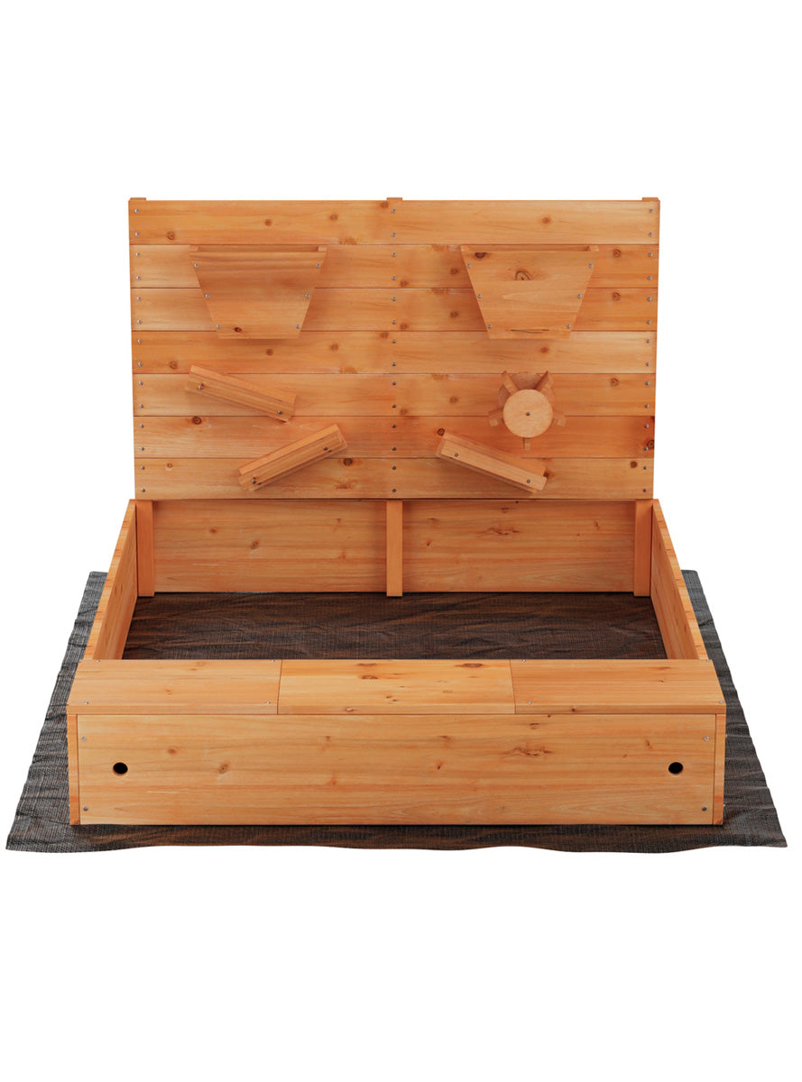 Keezi Kids Outdoor Wooden 120cm Square Sandpit With Bench Seat And Wooden Funnel Toys For Water - Front Image