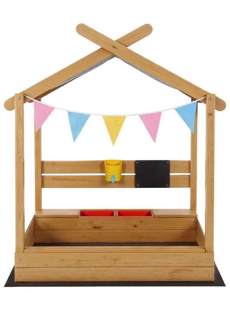 Keezi Kids Outdoor Wooden Sandpit With Water Basin And Toys And Blue Striped Canopy - Front Image