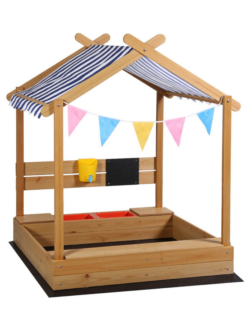 Keezi Kids Outdoor Wooden Sandpit With Water Basin And Toys And Blue Striped Canopy - Main Image
