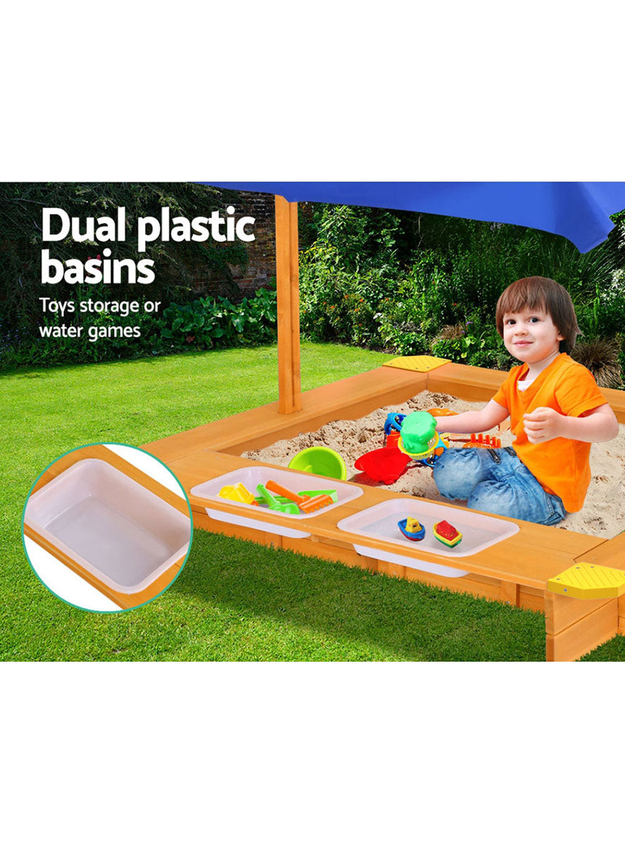 Keezi Kids Outdoor Wooden Water Play Sandpit With Blue Canopy - Info Image 3
