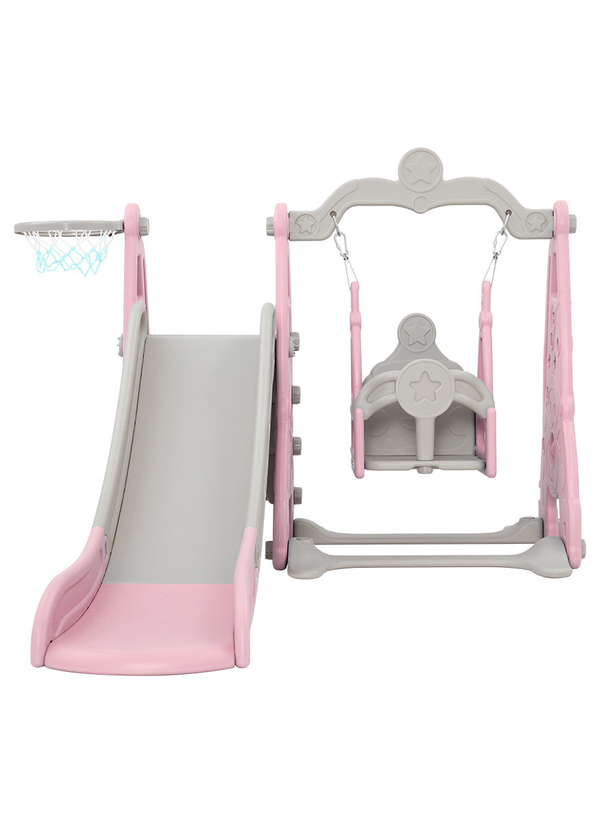 Keezi Kids Pink And Grey Outdoor Playset With Slide Swing And Basketball Hoop - Front Image