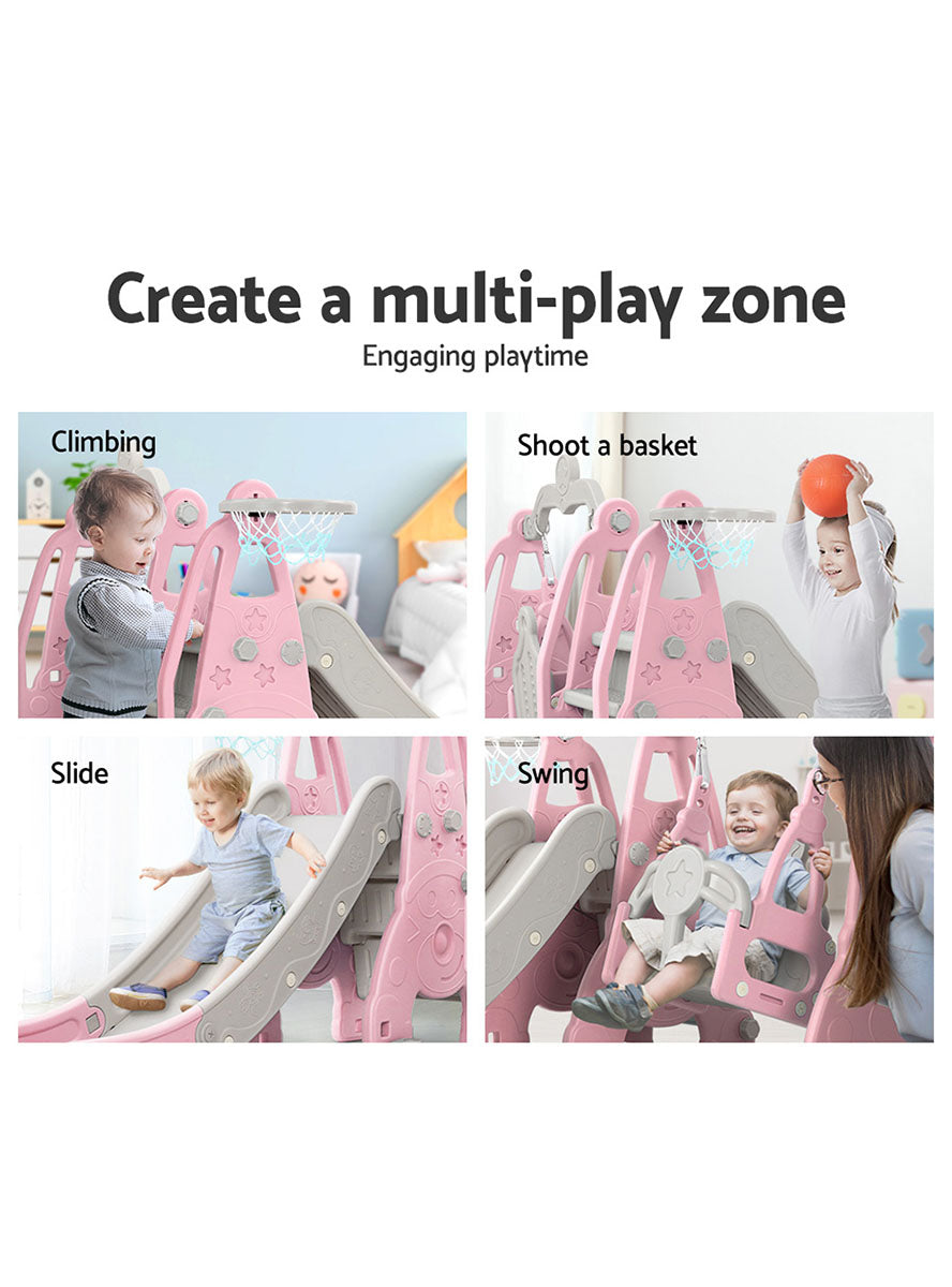 Keezi Kids Pink And Grey Outdoor Playset With Slide Swing And Basketball Hoop - Info Image 1