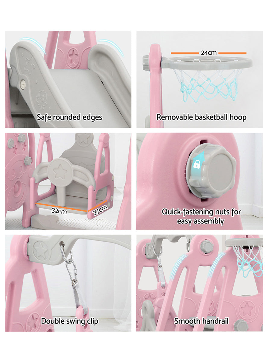 Keezi Kids Pink And Grey Outdoor Playset With Slide Swing And Basketball Hoop - Info Image 2