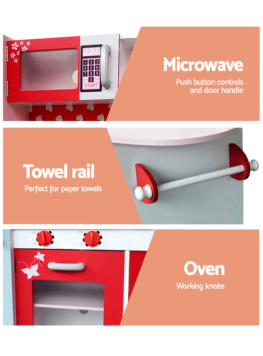 Keezi Kids Pink And Red Wooden Kitchen Playset With Butterflies And Hearts - Info Image 3