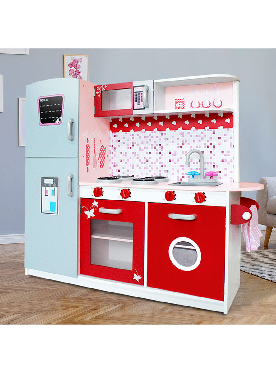 Keezi Kids Pink And Red Wooden Kitchen Playset With Butterflies And Hearts - Lifestyle Image