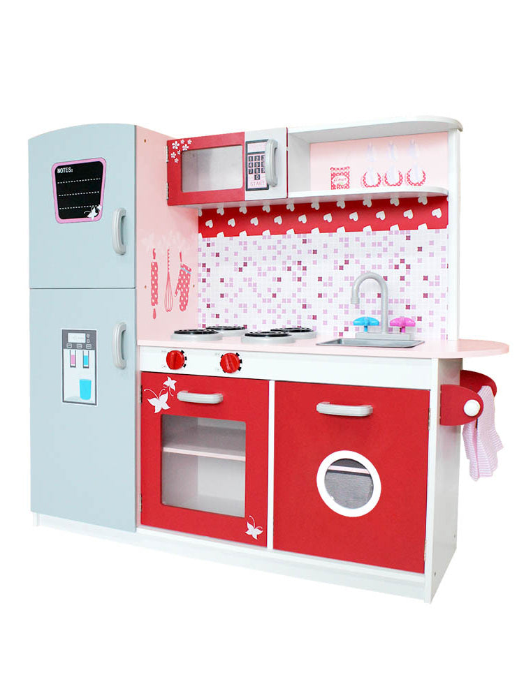 Keezi Kids Pink And Red Wooden Kitchen Playset With Butterflies And Hearts - Main Image