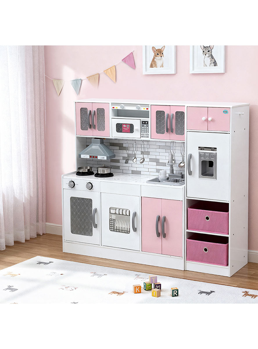 Keezi Kids Pink And White 2 Piece Wooden Kitchen Playset With Accessories - Lifestyle Image