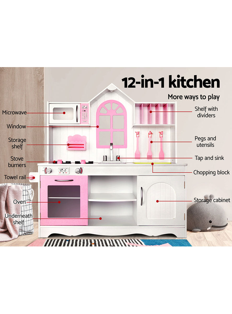 Keezi Kids Pink And White Wooden Princess Kitchen Playset - Info Image 1