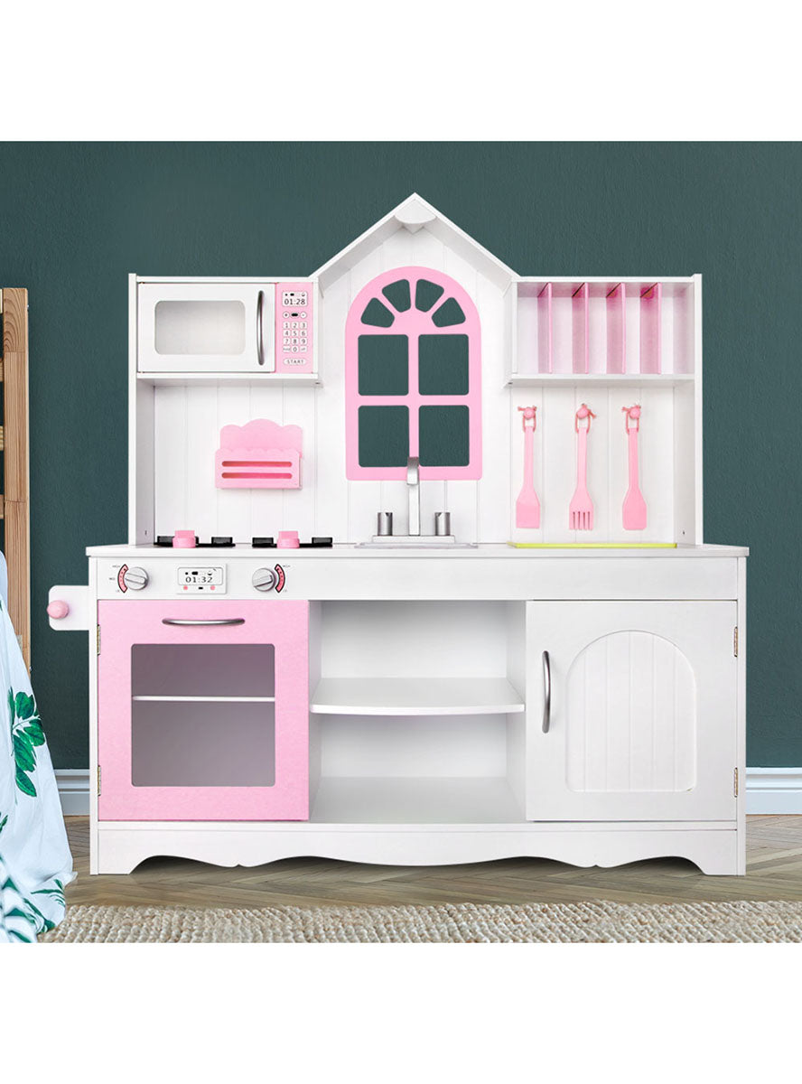 Keezi Kids Pink And White Wooden Princess Kitchen Playset - Lifestyle Image