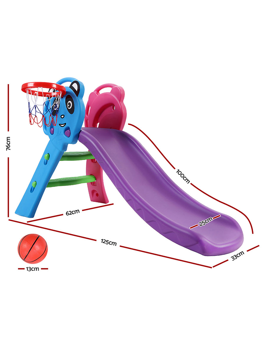Keezi Kids Purple And Blue 100cm Plastic Panda Slide With Basketball Hoop - Dimensions Image