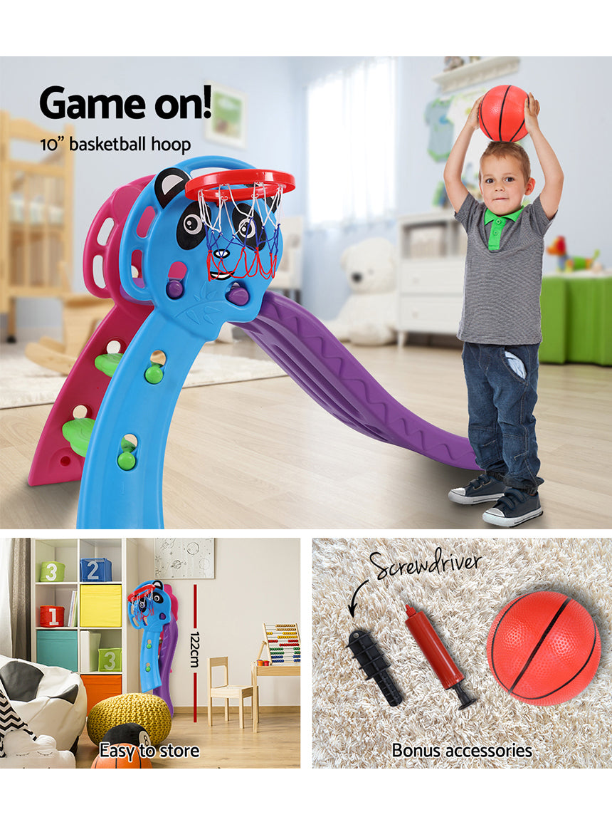 Keezi Kids Purple And Blue 100cm Plastic Panda Slide With Basketball Hoop - Info Image 3
