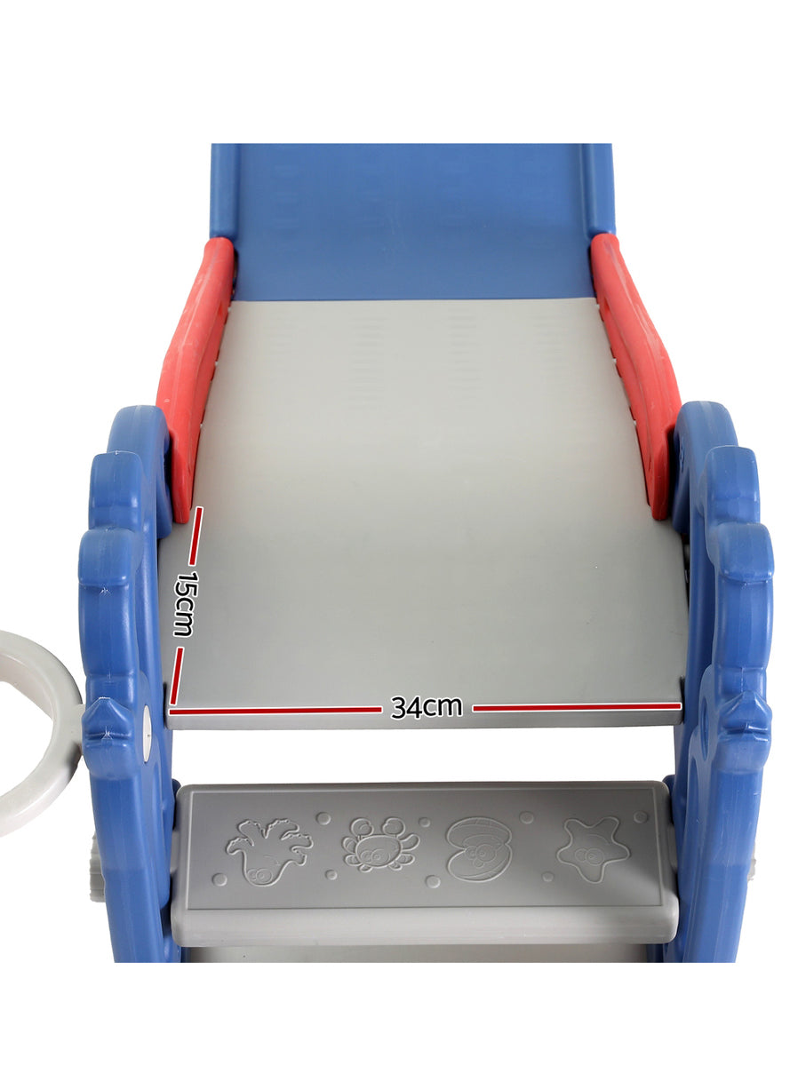 Keezi Kids Red And Blue 90cm Plastic Dragon Slide With Basketball Hoop - Close Dimensions Image