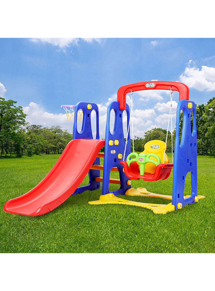 Keezi Kids Red And Blue Outdoor Playset With Slide Swing And Basketball Hoop - Lifestyle Image