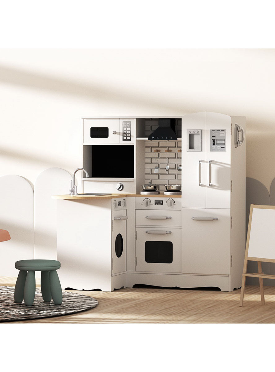 Keezi Kids White Wooden Kitchen Playset With Fridge And Sink - Lifestyle Image