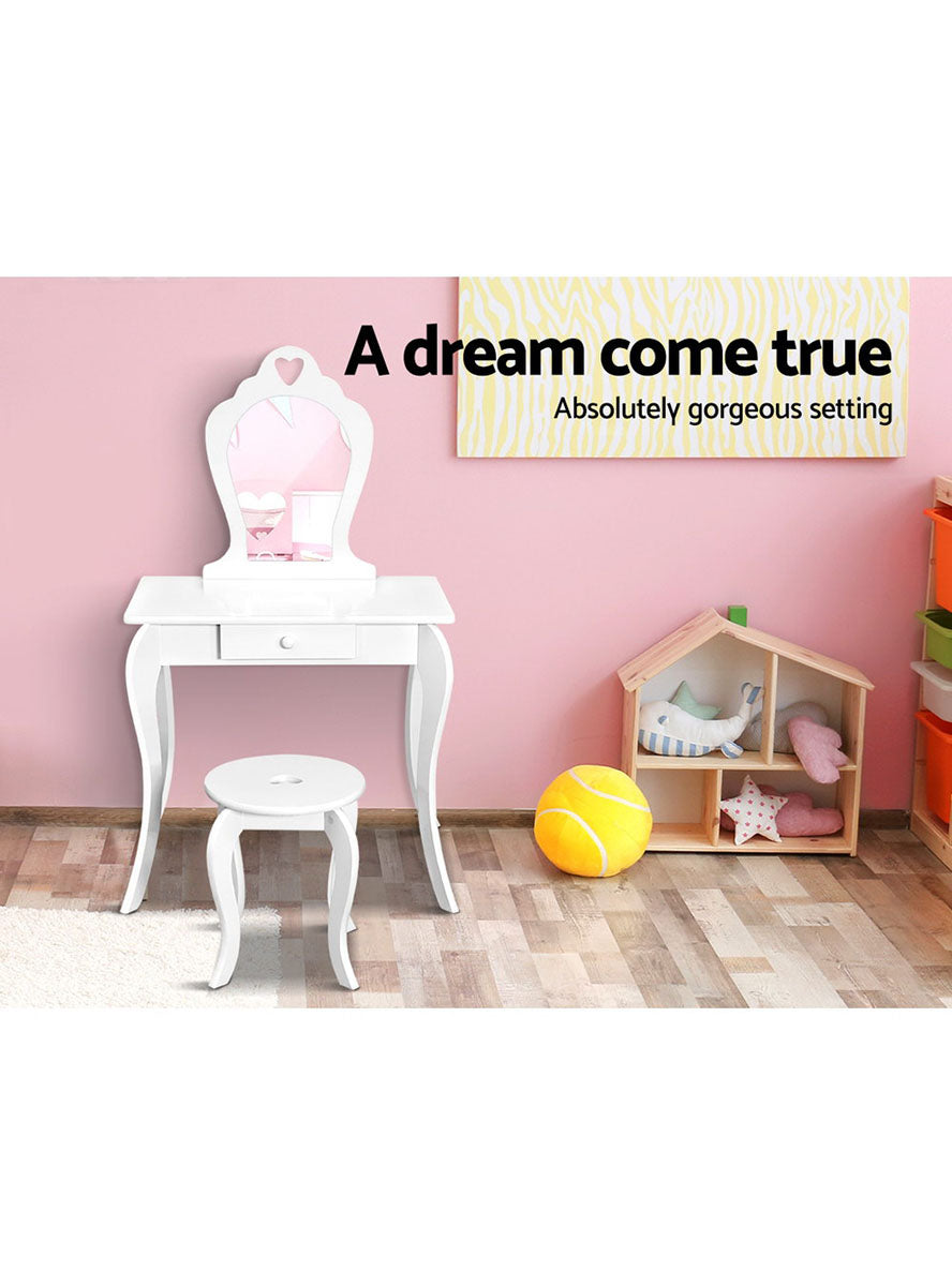 Keezi Kids White Wooden Princess Makeup Table With Stool - Info Image 1