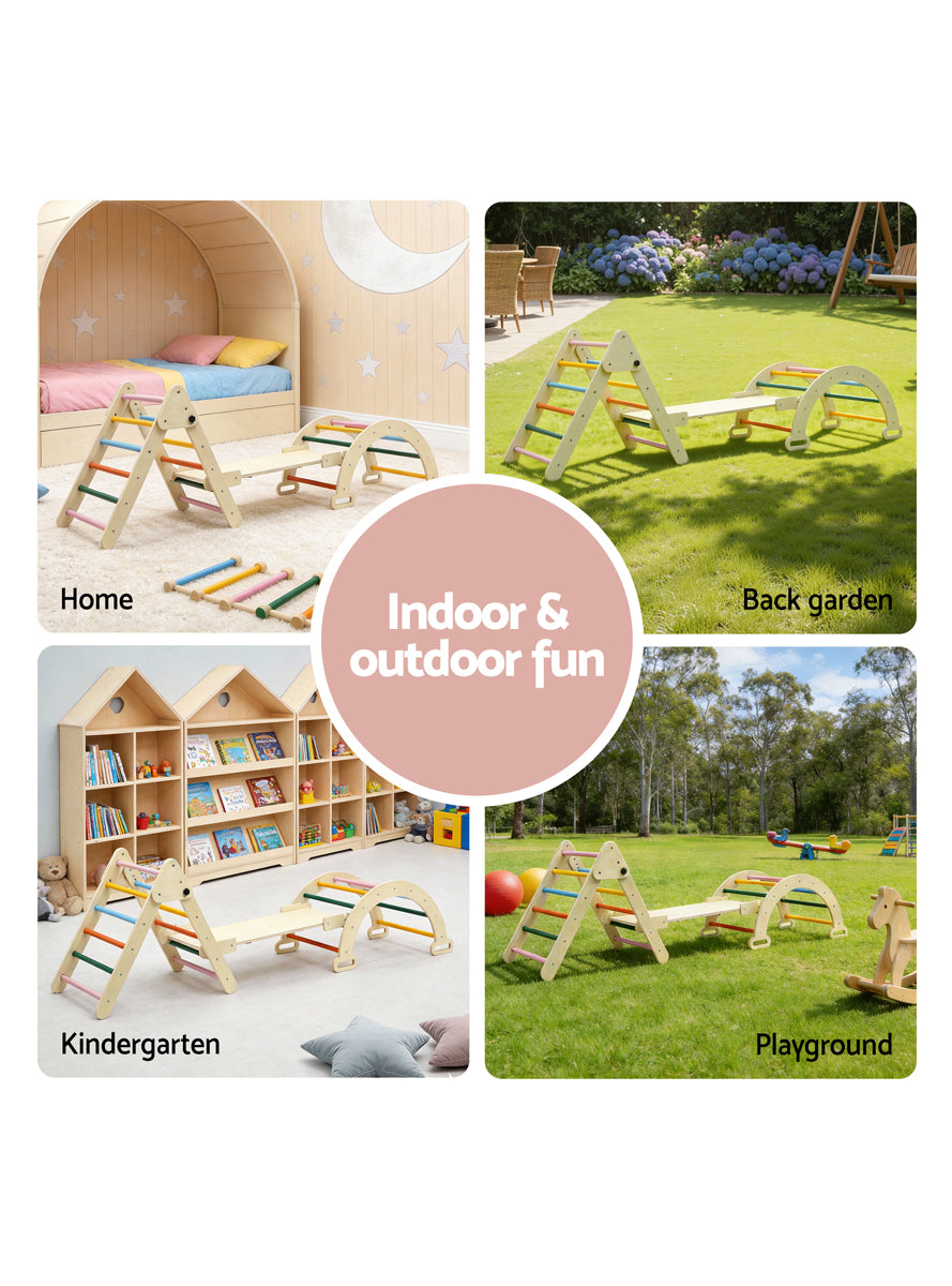 Keezi Kids Wooden Indoor Outdoor Playset With Arch Climbing Frame And Slide - Info Image 3