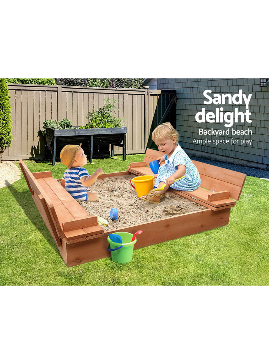 Keezi Kids Wooden Outdoor 90cm Square Sandpit With Foldable Bench Seats - Info Image 1