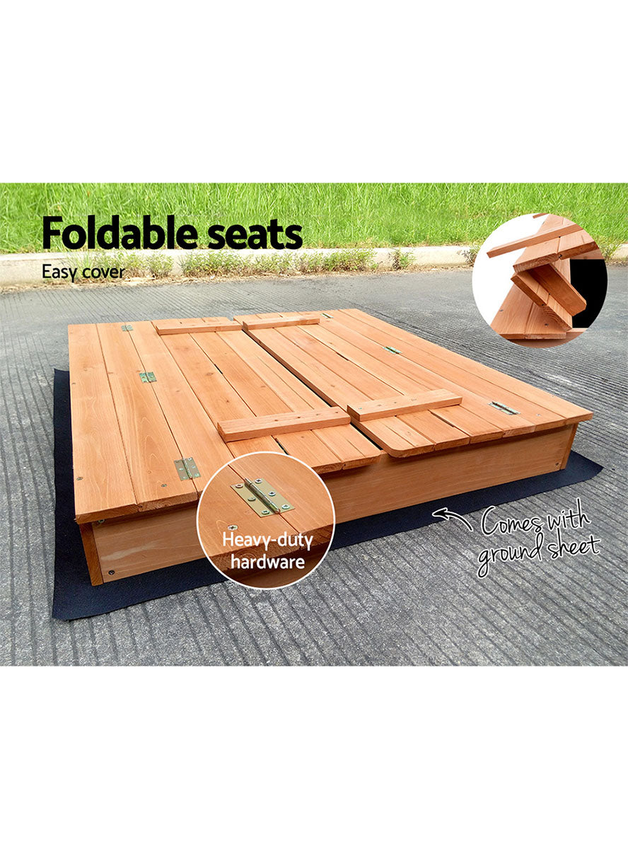 Keezi Kids Wooden Outdoor 90cm Square Sandpit With Foldable Bench Seats - Info Image 3