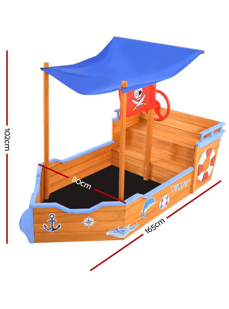 Keezi Kids Wooden Outdoor Boat Shaped Sand Pit With Blue Canopy - Dimensions Image