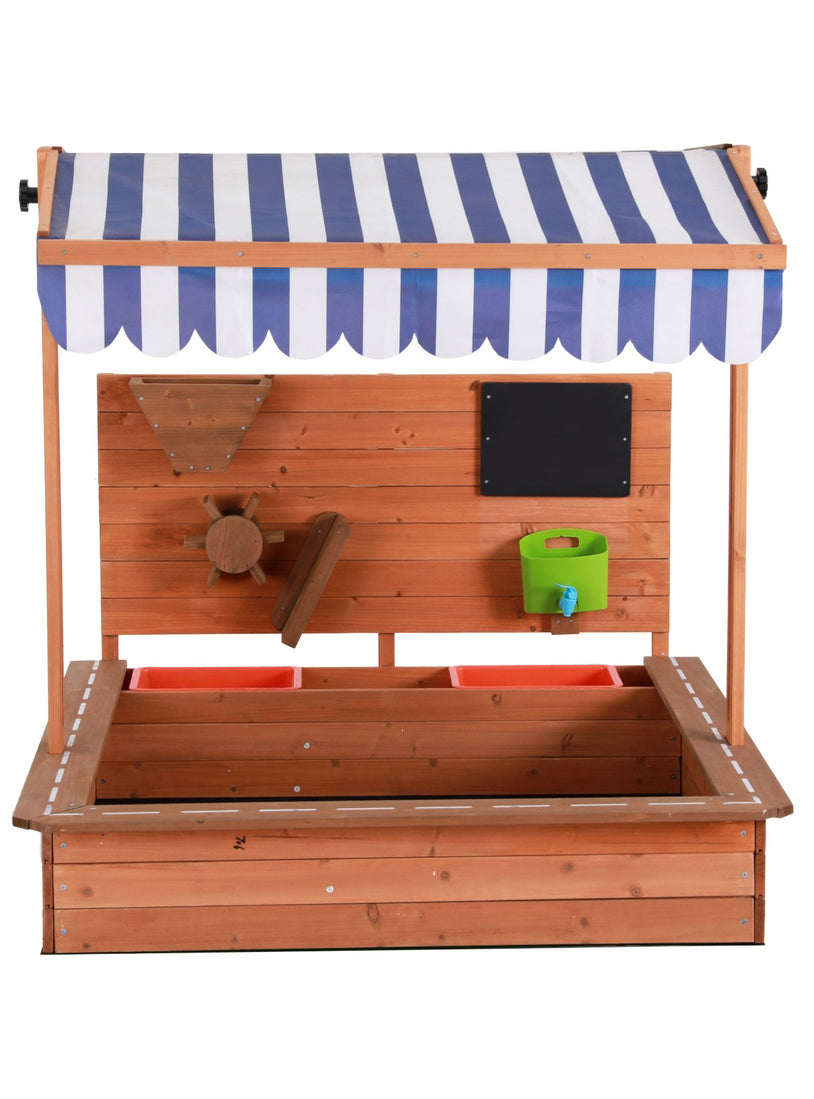 Keezi Kids Wooden Outdoor Sand Pit With Blue Striped Canopy And Toys - Front Image