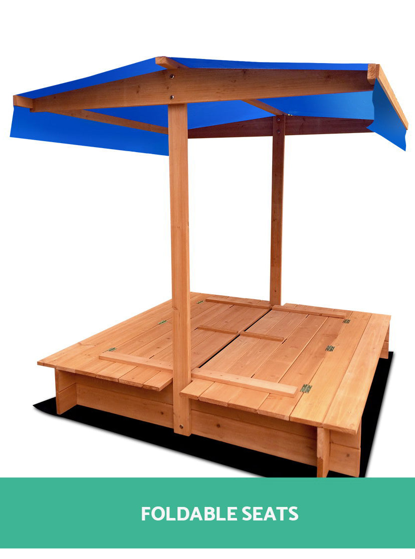Keezi Kids Wooden Outdoor Sand Pit With Foldable Seats And Blue Canopy - Info Image 2