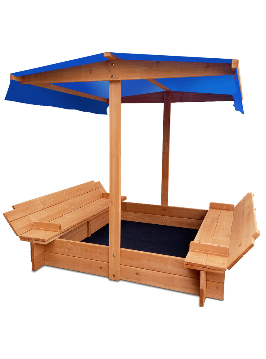 Keezi Kids Wooden Outdoor Sand Pit With Foldable Seats And Blue Canopy - Main Image