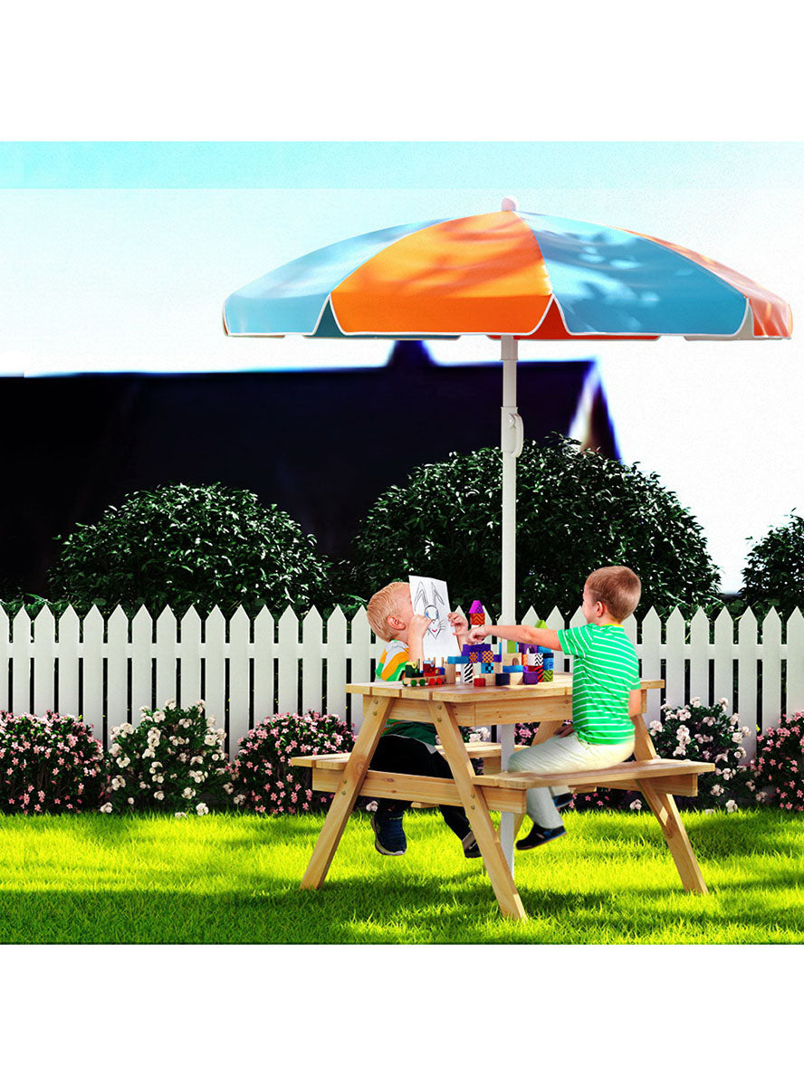 Keezi Kids Wooden Outdoor Table With Orange And Blue Umbrella - Lifestyle Image