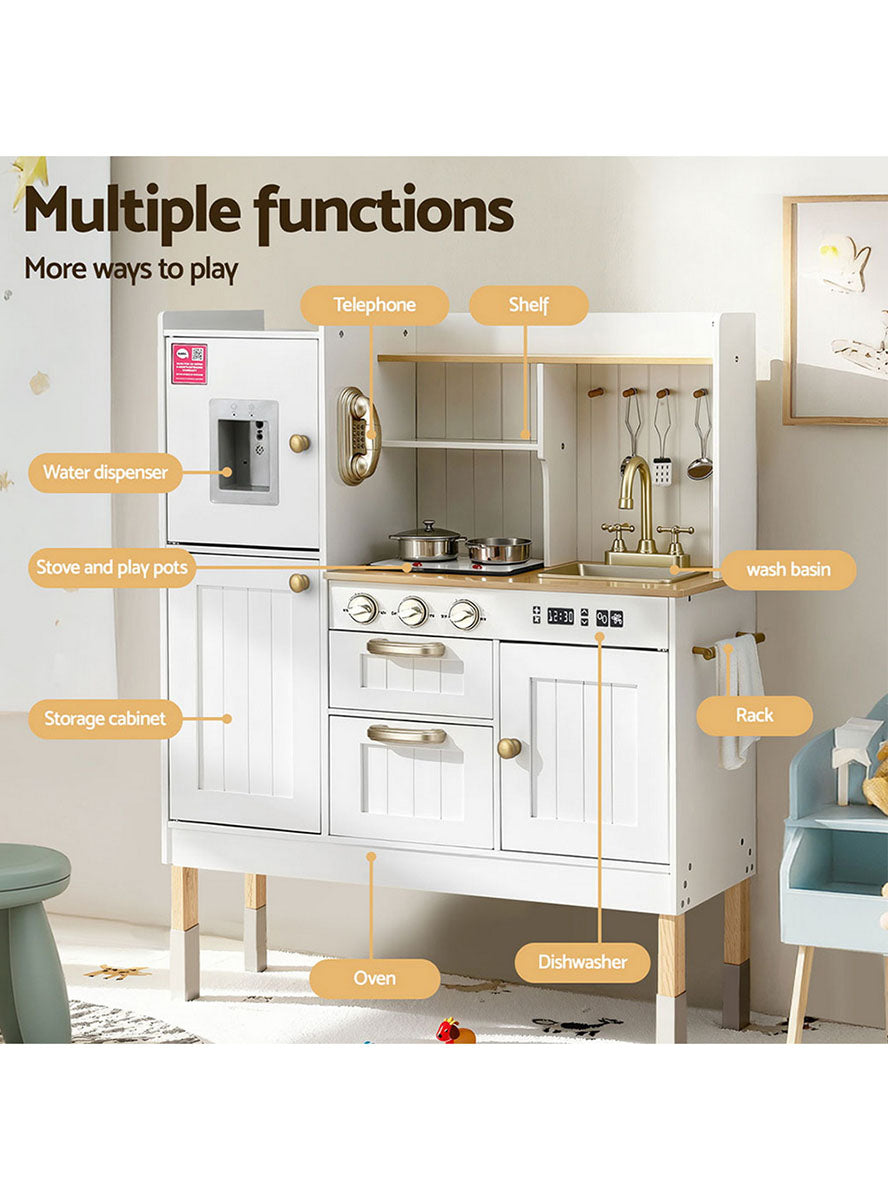 Keezi Kids Wooden White Kitchen Playset With Gold Details - Info Image 1