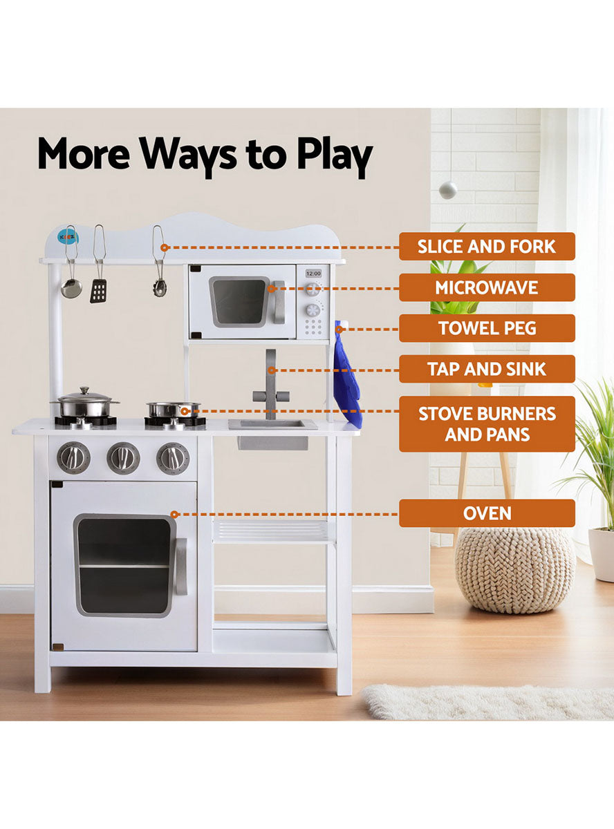 Keezi Kids Wooden White Kitchen Playset With Stovetop And Microwave - Info Image 1
