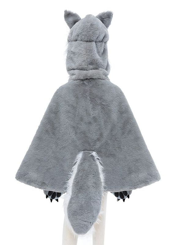 Kids Furry Grey Wolf Animal Costume Cape - Back Image